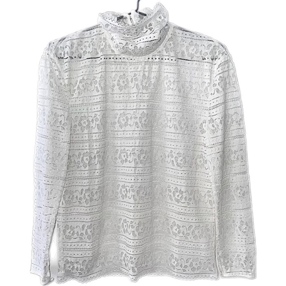 Sandro Paris White Ivory Lace High Neck Sheer Long Sleeve Blouse Classic - Picture 1 of 8